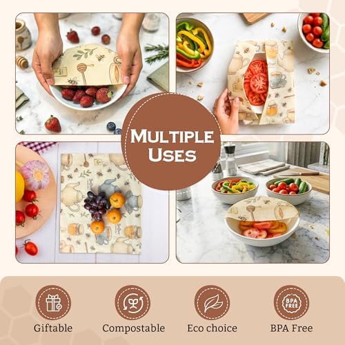 Reusable Beeswax Food Wrap Roll - Cut-to-Size 15 x 80 in, Eco-Friendly Food Storage Wrap, Bees & Tea Teapot Honey Jar Design - Image 2