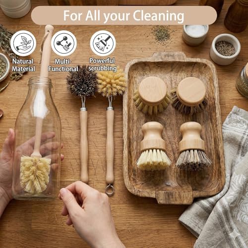 7-Piece Bamboo Dish Brush Set, Natural Kitchen Scrub Brush Kit with Wooden Handle for Pots, Pans, Vegetables, Eco-Friendly Cleaning Tools - Image 4