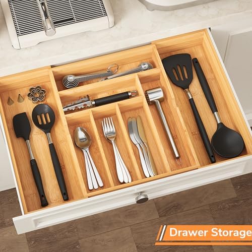 BAMEOS 3" Deepth Expandable Drawer Organizer, Deep Flatware Organizer, Adjustable Silverware Organizer, Bamboo Drawer Organizer for Kitchen, Bathroom (Natural) - Image 4