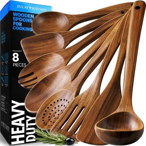 Zulay Kitchen Premium 8-Piece Wooden Spoons - Smooth Finish, Natural Teak Wood, Non-Stick, Handmade by ZulayKitchen