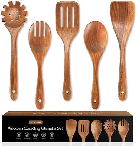 5 Pcs Natural Teak Wooden Spoons for Cooking, Non Toxic Wooden Utensil Set by MULBOM