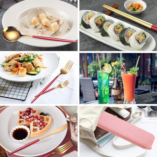 AARAINBOW 8 Pieces Stainless Steel Flatware Set Portable Reusable Cutlery Set Travel Utensils Set Including Chopsticks Knife Fork Spoon Straws Cleaning Brush Dishwasher Safe (Red Golden) - Image 4