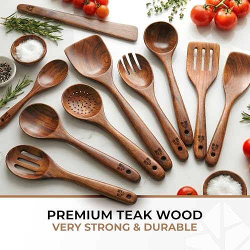 Wooden Spoons for Cooking 10 Pcs, Teak Utensil Set with Hanging Hooks - Image 2