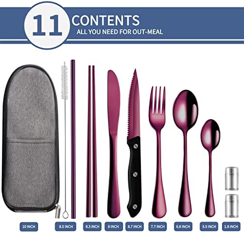 Logcow Travel Utensils Set with Case, 10-Piece Reusable Stainless Steel Camping Cutlery, Portable Fork Spoon Knife Chopsticks & Straw for Work, Lunch, Picnic (Purple) - Image 2