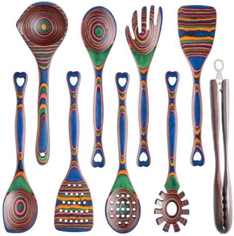 Gudamaye Pakkawood 9-Piece Rainbow Heart Wooden Utensils Set,Wooden Spoons with Soup Spoon and Wooden Tongs, Wooden Utensils for Cooking,Wooden Kitchen Tool, Home & Kitchen Gifts for Men and Women by Gudamaye-WoodenUtensilsSets
