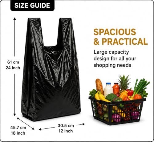 Heavy Duty Black Plastic Shopping Bags with Handles, T-Shirt Grocery Carrier, 12 x 18 x 24 Inch, HDPE for Retail, Convenience Stores and Takeout, 200 Count - Image 3