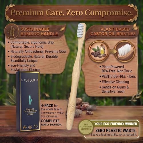 Premium Castor Oil Bristle Natural Bamboo Toothbrush, Splinter Free, Shedding Free, BPA Free, Soft/Medium Effective Biodegradable Toothbrush 4-Pack - Image 2