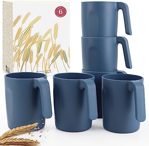 Wrova 16oz Wheat Straw Cups with handles set of 6-Plastic Cups Reusable-Unbreakable Kids Mugs-Dishwasher Safe & Microwave Safe-Ideal Plastic Mugs for Tea,Coffee,Camping,RV-Navy Blue by WROVA