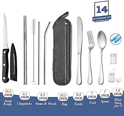 Portable Reusable Travel Utensils Silverware with Case,Camping Cutlery set,Chopsticks and Straw, Flatware Cutlery Set with Case, Stainless steel Travel Utensil set Top (Silver) - Image 2