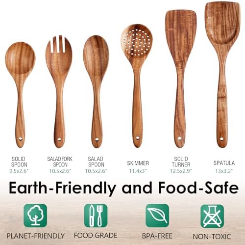 HOWHONG Teak Wooden Cooking Utensils Set - 6 Piece Wood Spoons for Cooking - Image 3