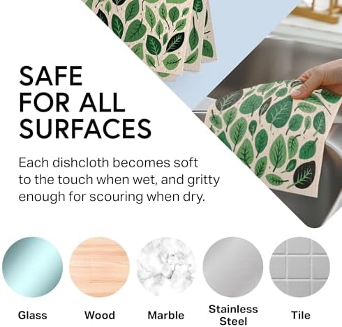 Swedish Wholesale Dishcloths Reusable 8" x 7" Sponge Cloths, Bulk 10 Pack of High Absorbent Cellulose Dish & Kitchen Cleaning Hand Towels, Wring to Dry & Machine Wash, Odor Resistant, Leaves - Image 6