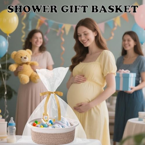 Woven Rope Basket - Baby Gift Basket with Bag & Ribbon, Mixed Brown - Image 6