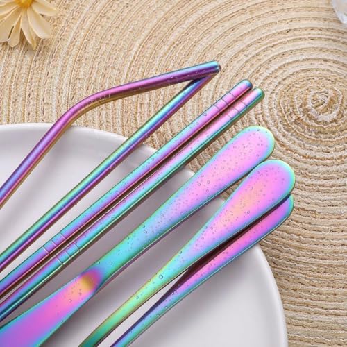 Portable Stainless Steel Flatware Set, Travel Camping Cutlery Set, Portable Utensil Travel Silverware Dinnerware Set with a Waterproof Case (Rainbow) - Image 4