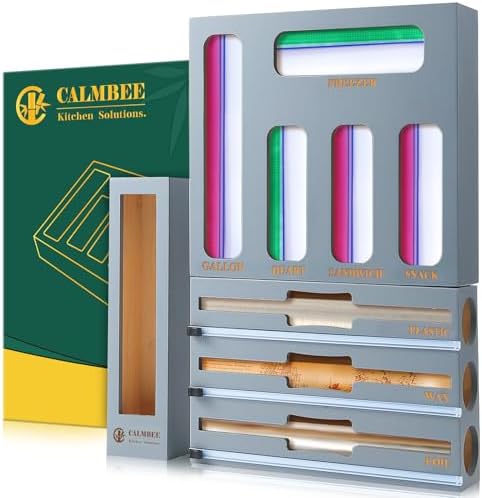 Calmbee 9 in 1 Bamboo Storage Bag Organizer for Kitchen Drawer – Plastic Wrap Dispenser with Cutter & Foil Organizer, Wooden Baggie Organizer for Sandwich, Snack, Gallon, Quart Sizes, Grey by Calmbee