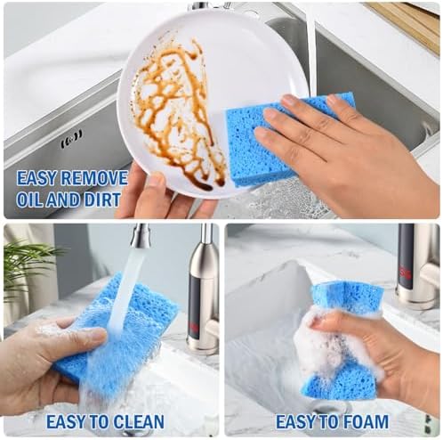 YoleShy Sponges Kitchen 10 Pack Natural Compressed Cellulose Sponges for Dishes Non Scratch for Household Cookware Bathroom Cars Soft Super Absorbent Reusable, Blue and Yellow - Image 3