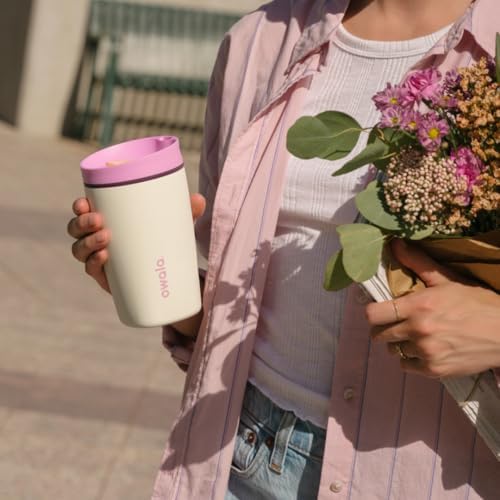 Owala SmoothSip Slider Insulated Stainless Steel Coffee Tumbler, Reusable Iced Coffee Cup, Hot Coffee Travel Mug, BPA Free 12 oz, Pink/Tan (Daybreak) - Image 6