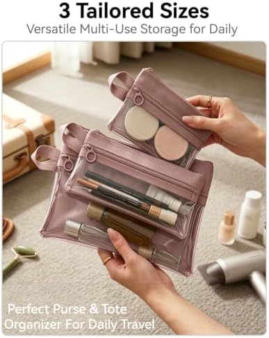 3Pcs Waterproof Double Layer Pocket Travel Toiletry Bag Set, Dusty Pink - Image 4