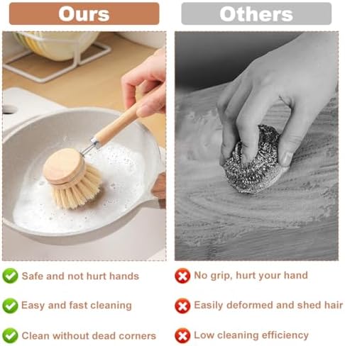 Bamboo Dish Brush Set, 1 Wooden Handle with 3 Natural Bristle Heads All Purpose Kitchen Scrub Brush with Sisal and Palm Horsehair for Cleaning Dishes Pans Vegetables(Color:Brown) - Image 4
