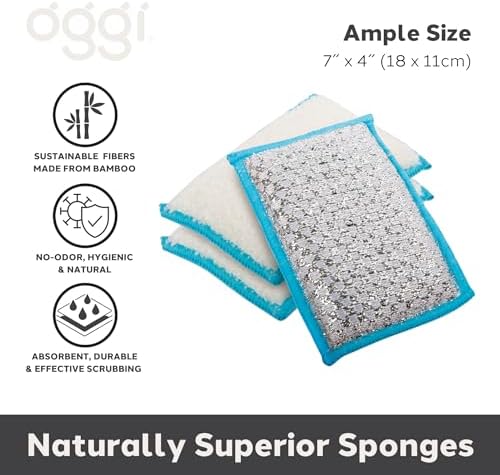 OGGI Bambou Odor-Free Scrubbing Sponges - Natural Scrub Sponges for Dishes, 91% Bamboo-Derived Rayon Cellulose Fiber, Reusable, Absorbent, Durable Scrubbers, Non-Scratch, Washable - 3 pcs, 7x4 - Image 2