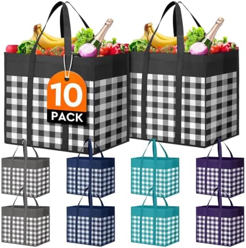 Reusable Grocery Shopping Bags 10 Pack Large Foldable Tote Bags Bulk by WiseLife