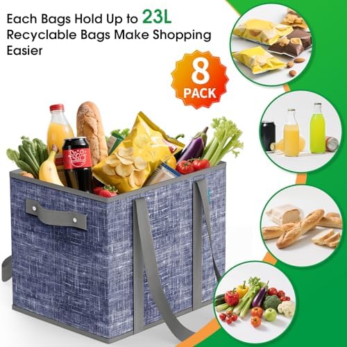 Fab totes Reusable Grocery Bags, Large Foldable Shopping Tote Bags with Reinforced Handles & Hard Bottom,8 Pack,Blue - Image 4