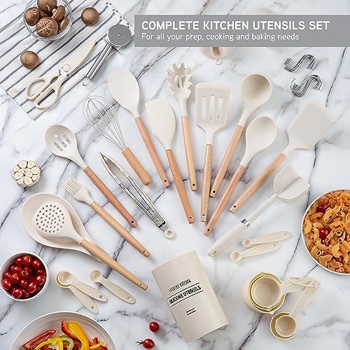 Country Kitchen Non Stick Silicone Utensil Set with Rounded Wood Handles for Cooking and Baking, 38 Piece Set, Khaki - Image 3