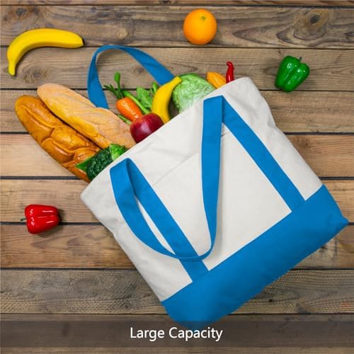 TOPDesign 1-Pack Canvas Tote Bag with an External Pocket, Reusable Grocery Shopping Bag, Top Zipper Closure, Daily Essentials (Ocean Blue/Natural) - Image 4