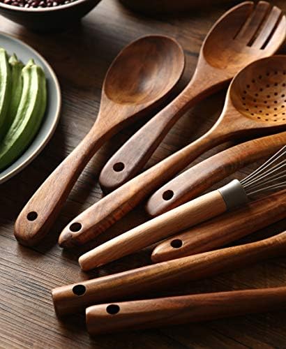 Wooden Kitchen Utensils Set with Holder, NAYAHOSE 9 Pcs Teak Wood Spoons for Cooking Spatula Set with Stainless Steel Storage Barrel - Image 5