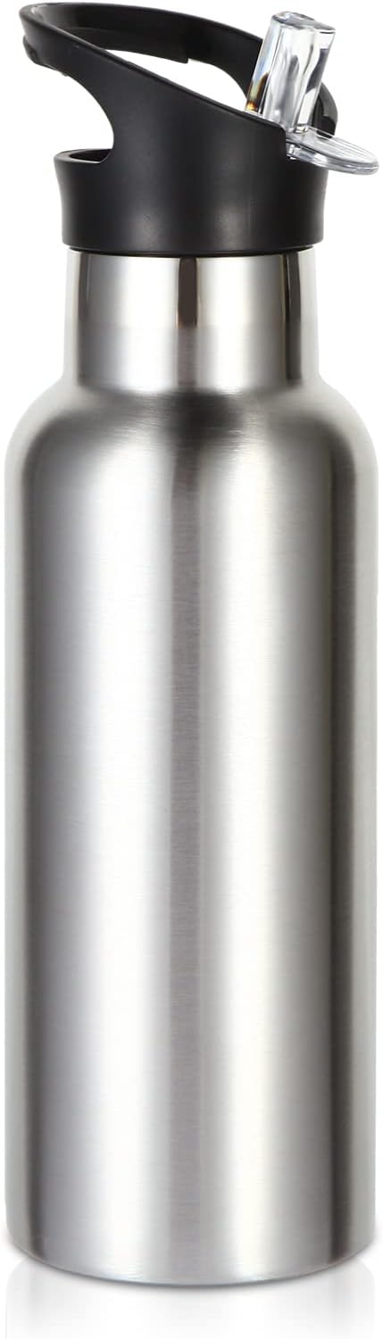 Volhoply 17oz Kids Insulated Water Bottle,Stainless Steel Water Bottles with Straw Lid,Reusable Metal Cups Water Bottle,Double Wall Vacuum Sport Water Flask Keep Cold for School,Child(Silver,1 Set)