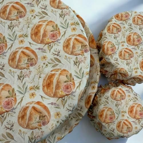 (4-Pack) Sourdough Reuseable Jar & Bowl Covers | Cute Baking Gift | 100% Cotton | Washable | Bread Proofing | Kitchen Food Storage Gifting | Starter Cover Lid Kit (Vintage Sourdough) by MaybelleJoy