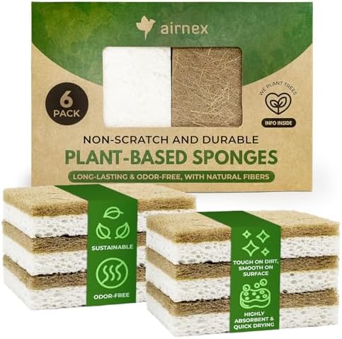 AIRNEX Biodegradable Natural Kitchen Sponges Pack of 6 - Cellulose and Coconut Walnut Scrubber Sponge - Eco Friendly Sponges for Dishes by Airnex