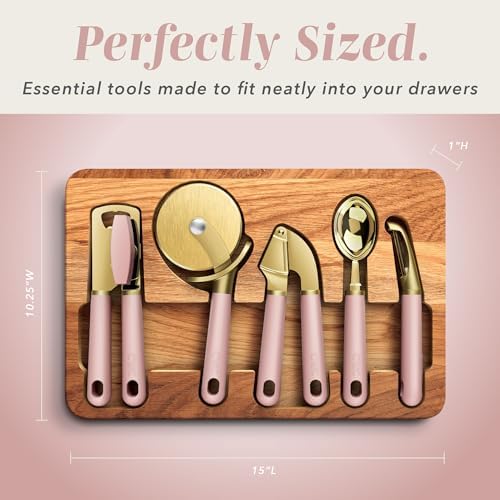 COOK WITH COLOR 6-Piece Kitchen Tool Set with Acacia Wood Cutting Board, Can Opener, Pizza Cutter, Garlic Press, Scoop & Peeler, Pink - Image 3