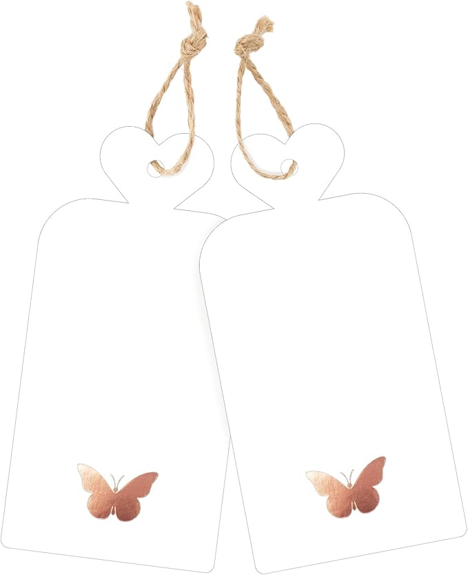 joycraft 100Pcs Gift Tags with String, 4x2 in Blank Tags with Rose Gold Foil Butterfly, White Paper Labels for Birthday, Wedding, Baby Shower, Christmas