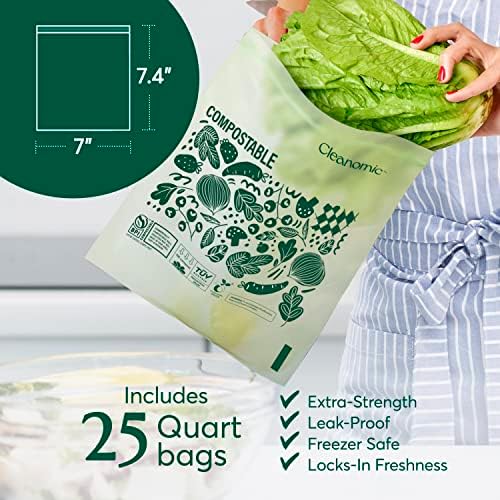 Cleanomic Compostable* Quart Size Food Storage Bags (25 Eco Zip) Freezer and Leak Proof, Also Available Gallon, Snack and Sandwich Size Bags - Image 3