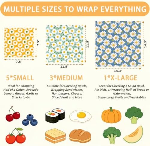Reusable Beeswax Wraps, Daisy Beeswax Wraps, 9 Pack Eco-Friendly Food Storage, Organic, Sustainable, Zero Waste, Plastic-Free, Sandwich, Bread, Bowl Cover, 1XL, 3M, 5S - Image 2