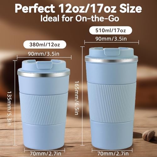 12OZ Travel Coffee Mug Insulated Coffee Cup with Spill Leak Proof Lid, Portable Stainless Steel Tumbler Reusable Hot and Cold Water Mug for Car, Daily, Camping- Light Blue - Image 2