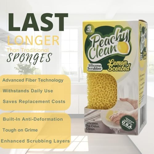 Peachy Clean Kitchen Dish Sponge & Scrubbers, Fresh Lemon Scent, Non-Scratch, Odor-Resistant, Durable Silicone Dish Sponges for Kitchen. - Image 4
