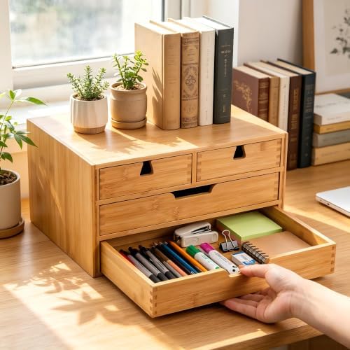 DEAYOU Bamboo Desk Organizer, 100% Natural Bamboo Desktop Drawer Organizer, Tabletop Storage Cabinet Organization Box with 4 Drawers for Makeup, Letter, Home Office Supplies, 3-Layer, Fully Assembled - Image 6