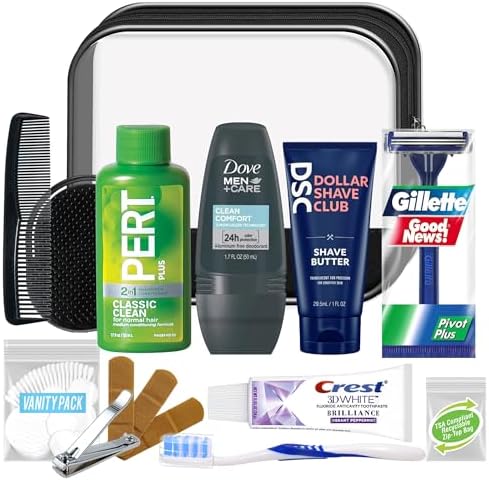 Convenience Kits International Men's 16-Piece Travel Skin Care and Body Care Kit with Shampoo, Body Wash, Lotion, Deodorant in Reusable Toiletry Bag, Bulk (Pack of 10) by ConvenienceKitsInternational