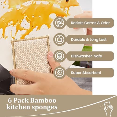 Bamboo Dish Sponge Natural Kitchen Scrub Sponges-Beige,12 Pack - Image 6