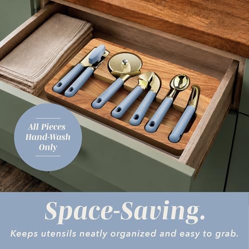 COOK WITH COLOR 6-Piece Kitchen Tool Set with Acacia Wood Cutting Board, Can Opener, Pizza Cutter & Prep Essentials, Blue - Image 6