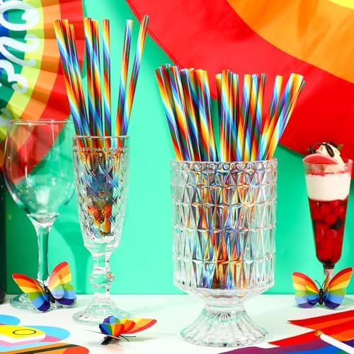JANYUN 30 Pieces Rainbow Drinking Straws, 9inch Hard Platic Reusable Straws LGBT Gay Pride Colorful Rainbow Striped Straw for Pride Party Favors Decorations with Cleaning Brush - Image 4