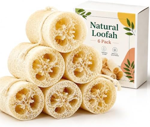 6 Pcs Loofah Sponge Set, Dye-Free Exfoliating Bath Scrubber, Gentle Shower Sponge for Face Back Body, Spa Bath Scrubber for Men and Women by Unknown