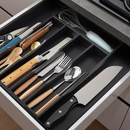 2-Piece Expandable Bamboo Kitchen Drawer Organizer for Cutlery and Utensils, Adjustable Bamboo Wood Cutlery Tray in Drawer for Flatware and Silverware in Kitchen, (Black) - Image 4