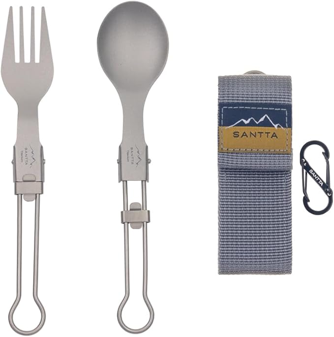 SANTTA Light Weight Titanium Folding Fork Spoon 2 Piece Utensil Set with Carry Bag and Carabiner for Camping, Hiking, Backpacking and Travelling