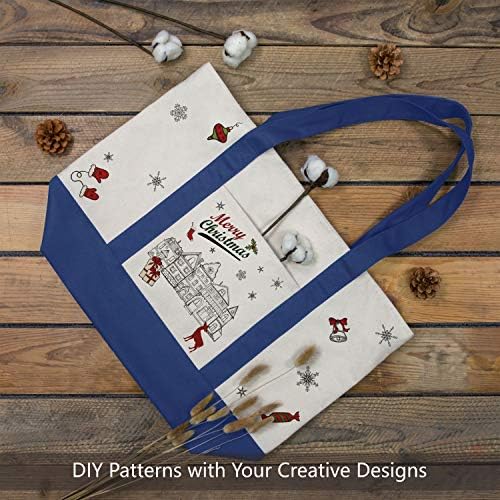 TOPDesign 6-Pack Canvas Tote Bags with an External Pocket, Reusable Grocery Shopping Bags, Top Zipper Closure, Daily Essentials (Blue/Natural) - Image 3