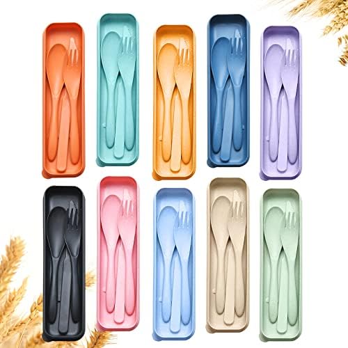 Reusable Travel Utensils Set with Case, 10 Sets Wheat Straw Portable Plastic Fork Spoons Knife Camping Cutlery, Eco-Friendly BPA Free Lunch Tableware for Kids Adults Travel Picnic Utensils by YDYTOP