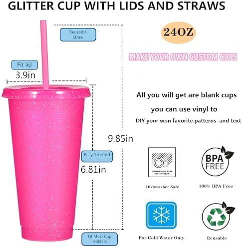 Suertestarry Tumbler with Straw and Lid,Water Bottle Iced Coffee Travel Mug Cup,Reusable Plastic Cups,Perfect for Parties,Birthdays,24oz-5 Pack (Bright Glitter, 5pack) - Image 2