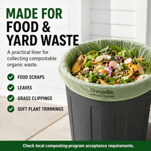 OrangeBio 55 Gallon Compostable Trash Bags, 60 Count, Heavy Duty Garbage Bags for Contractor, Yard Waste & Commercial Food Waste, Plant-Based, BPI ASTM D6400 & TÜV OK Compost Home Certified - Image 4