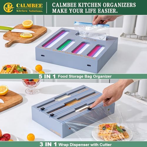 Calmbee 9 in 1 Bamboo Storage Bag Organizer for Kitchen Drawer – Plastic Wrap Dispenser with Cutter & Foil Organizer, Wooden Baggie Organizer for Sandwich, Snack, Gallon, Quart Sizes, Grey - Image 5